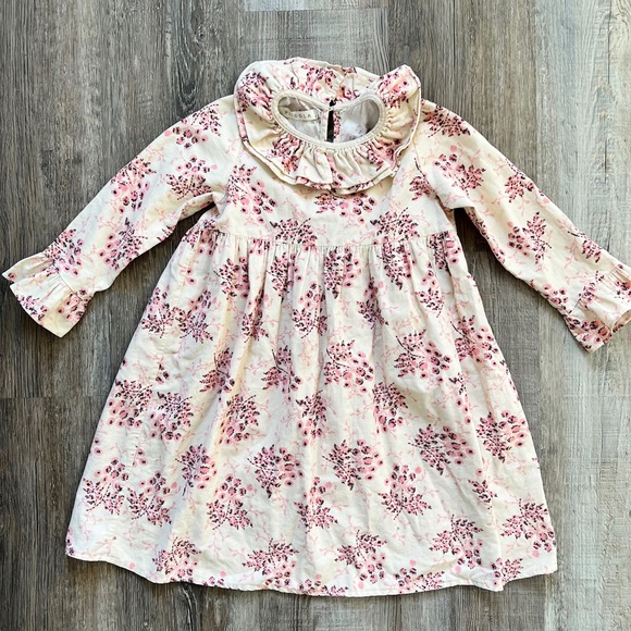 Piccola Floral Ruffle Corduroy Dress in Cream/Pink - Picture 1 of 9